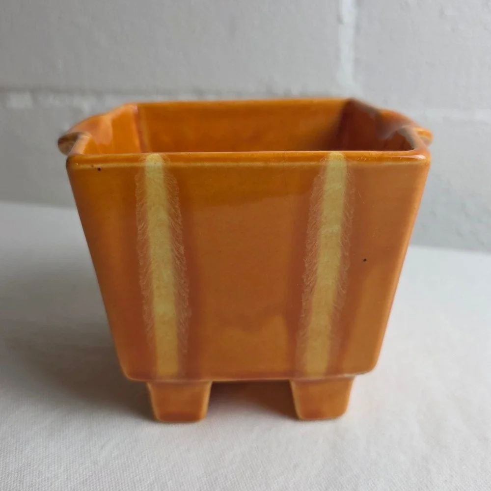 Vintage MCM Hull Persimmon Orange Drip Glaze Square Ceramic Candle Holder 67 USA